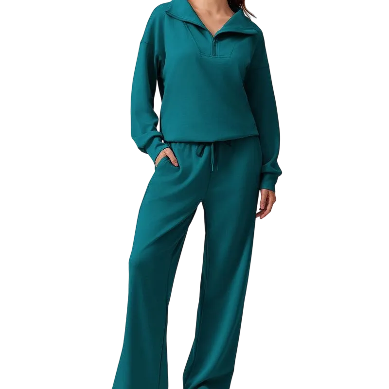 Women's Two-Piece Sports Set Long-Sleeved Half-Zip Cardigan Sweatshirt