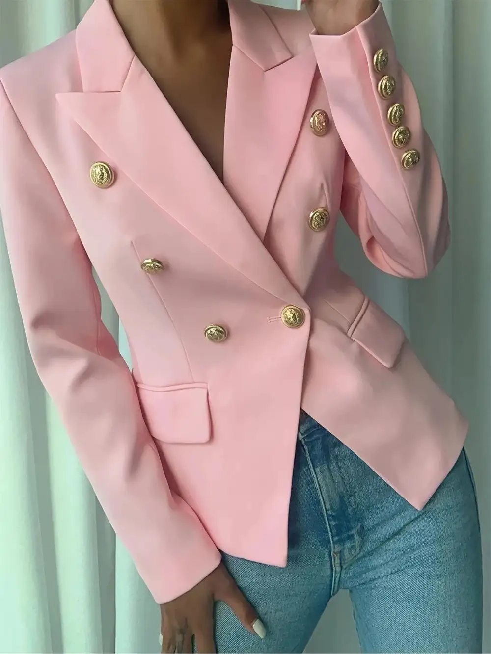 Double-Breasted Lapel-Collar Blazer
