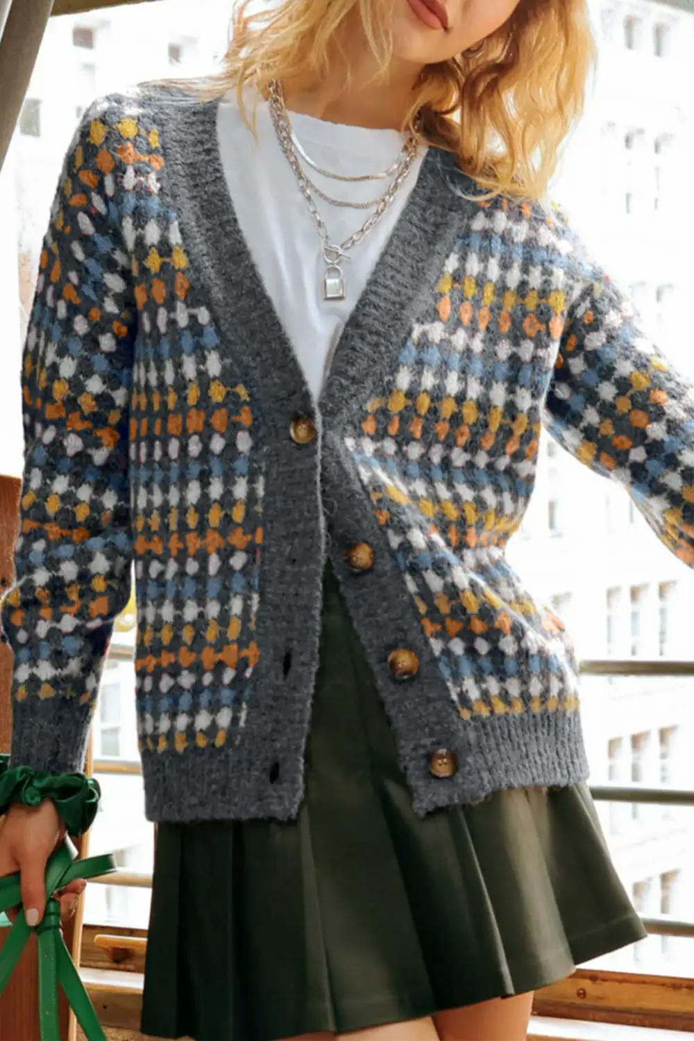 Dotty Pattern Knit Button Front V Neck Cardigan