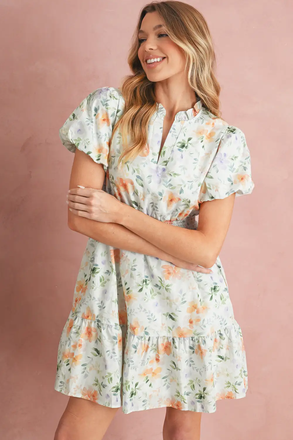 Clean Line Floral Printed Smocked Mini Dress