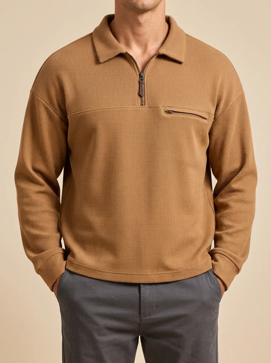Waffle Knit Half-Zip Pullover for Unadorned Dressing