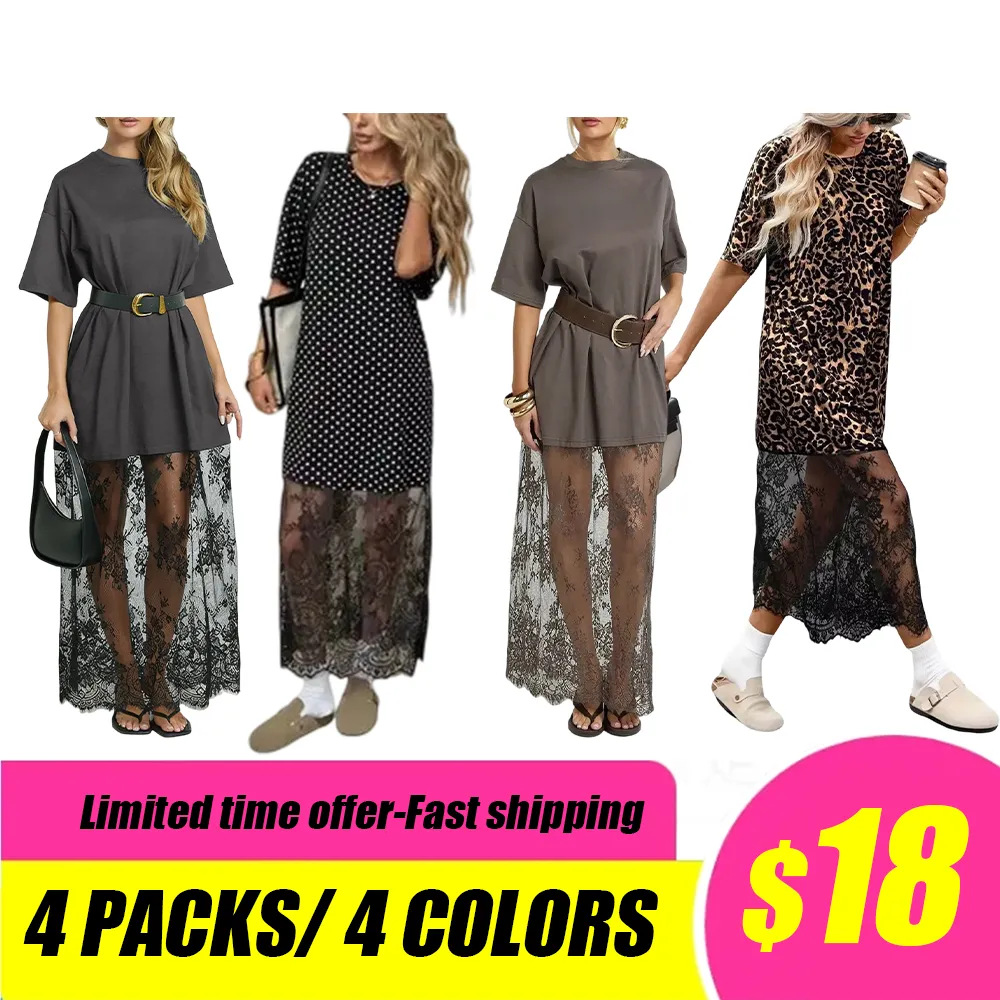 Women’s Oversized Tee Maxi Dress – Lace Hem Drop Shoulder Casual Chic