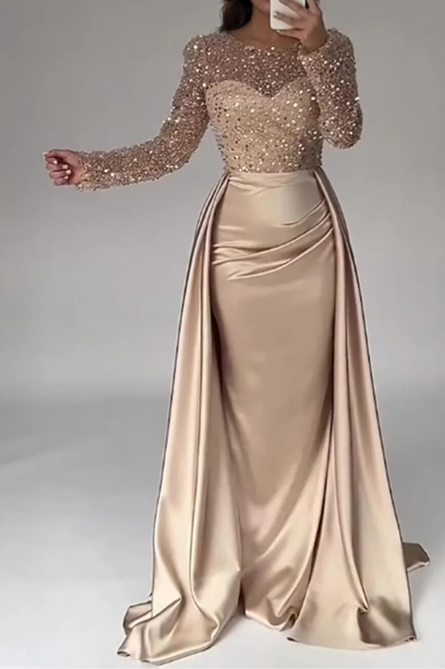 Champagne Colored Sparkling Rhinestone Maxi Gown