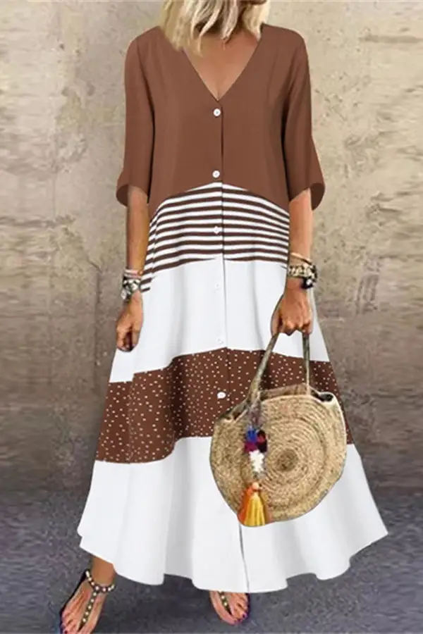 Casual V-Neck Half Sleeve Printed Button Maxi Dress