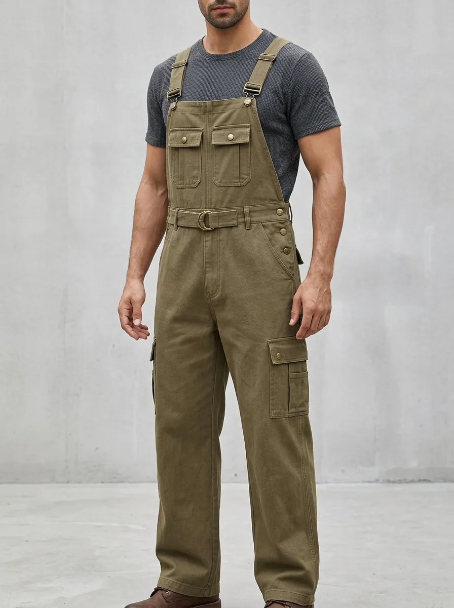 Men's Military Olive Green Belted Cargo Bib Overalls