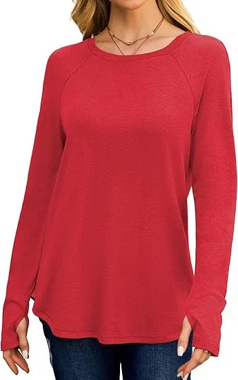 Womens Tunic Tops to Wear with Leggings Long Sleeve Thumb Hole Shirts Crew Neck Curved Hem