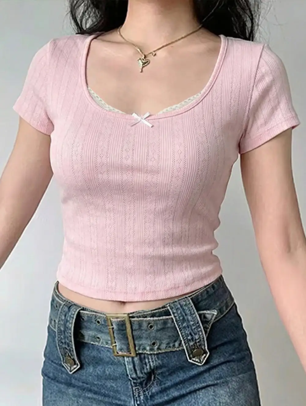 Lace Patch U Neck Crop Tee