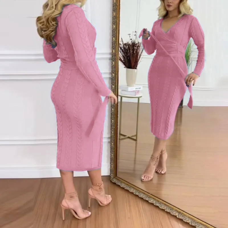 Women's Cable Textured Overlap Deep V-Neck Long Sleeve Mid-Length Dress Tie Waist Slim Fit Knit Dress