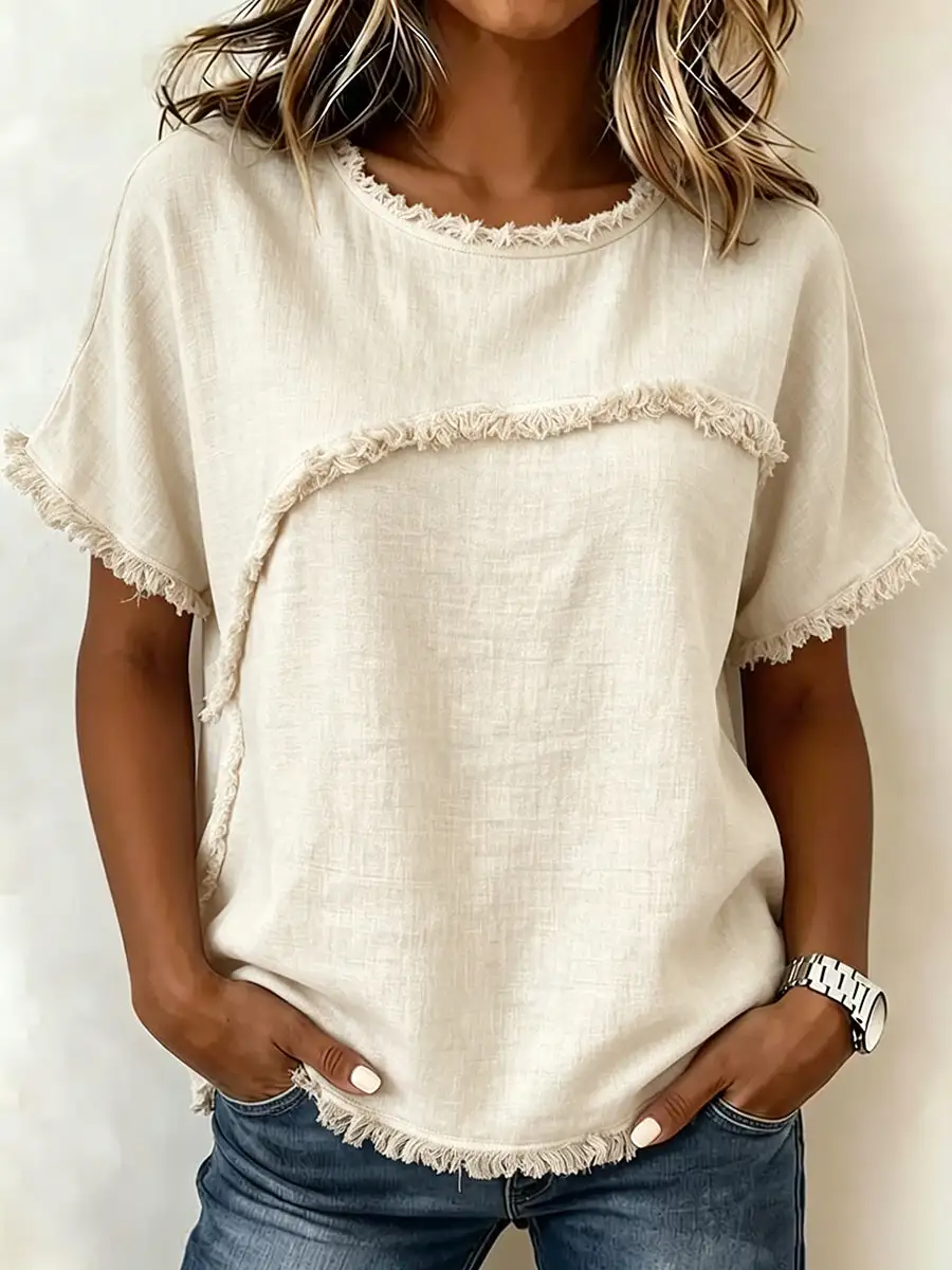 Relaxed Short Sleeve Fringed Panel Detail Round Neck T-Shirt