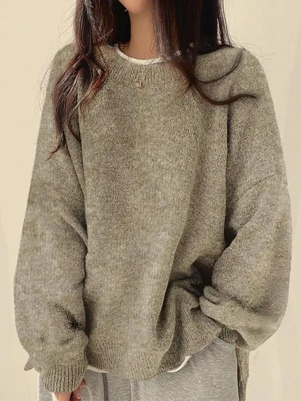 Women's Drop Shoulder Split Hem Sweater, Casual Long Sleeve Round Neck Jumper, Women'S Knitwear Top For Fall & Winter, Sweaters For Women