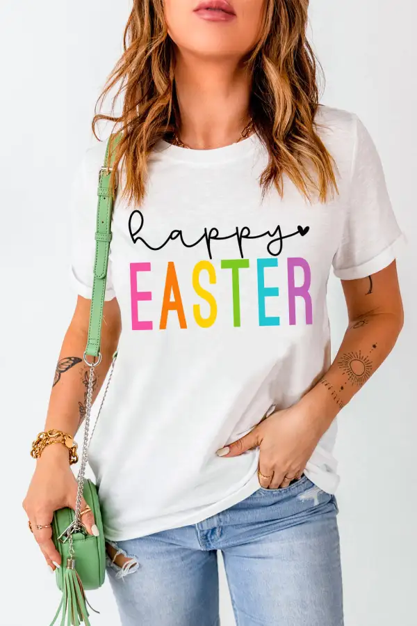 White Happy Easter Round Neck