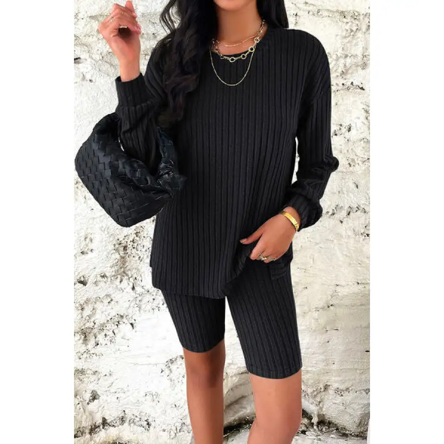 Ribbed Round Neck Dropped Shoulder Top and Shorts Set