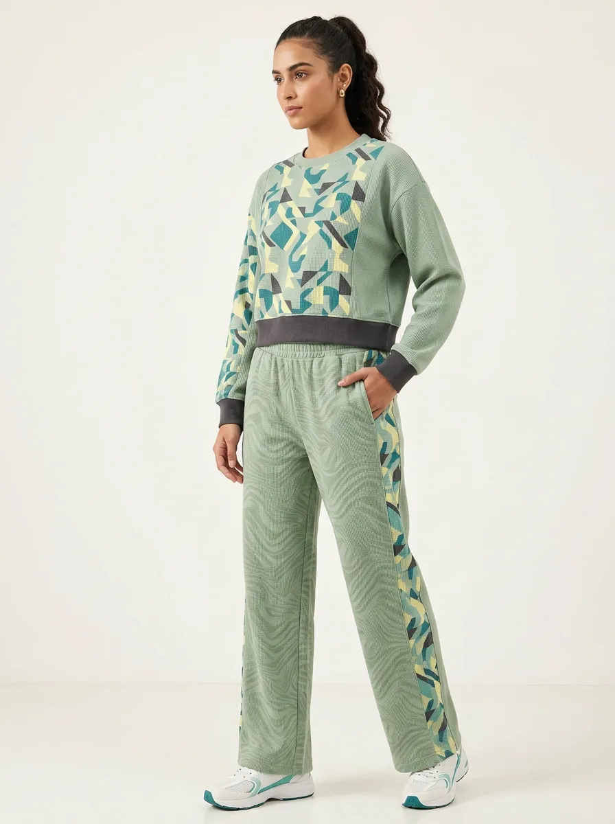 Women's Geometric Pattern Waffle Knit Printed Lounge Set
