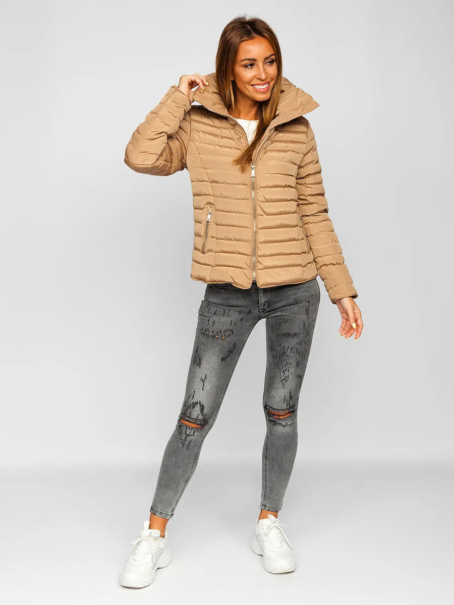 Women's Brown Quilted Winter Jacket Without Hood