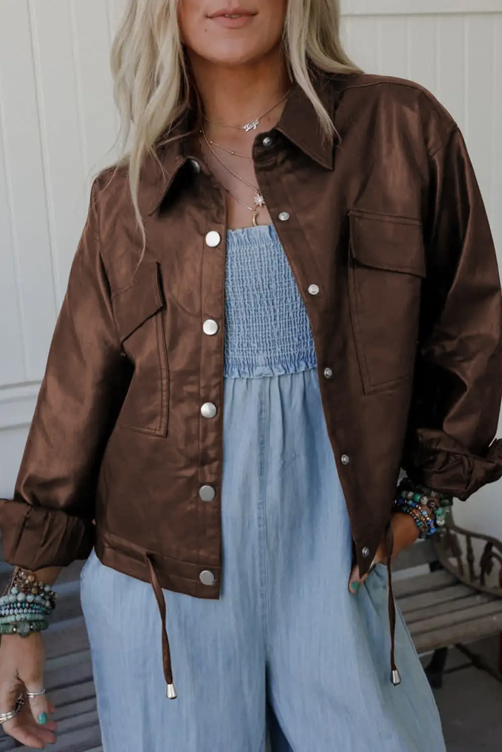 Chicory Double Flap Pocket Drawstring Hem Leather Jacket