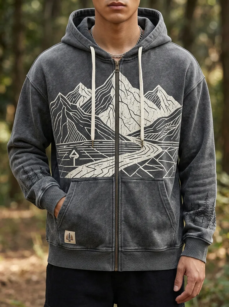 Men's Outdoor Nature Lover Mountain Landscape Printed Zip Up Hoodie