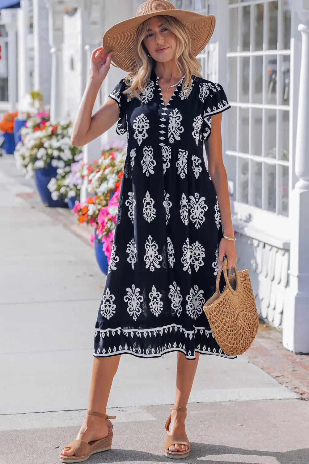 Printed Split Neck Short Sleeve Midi Dress