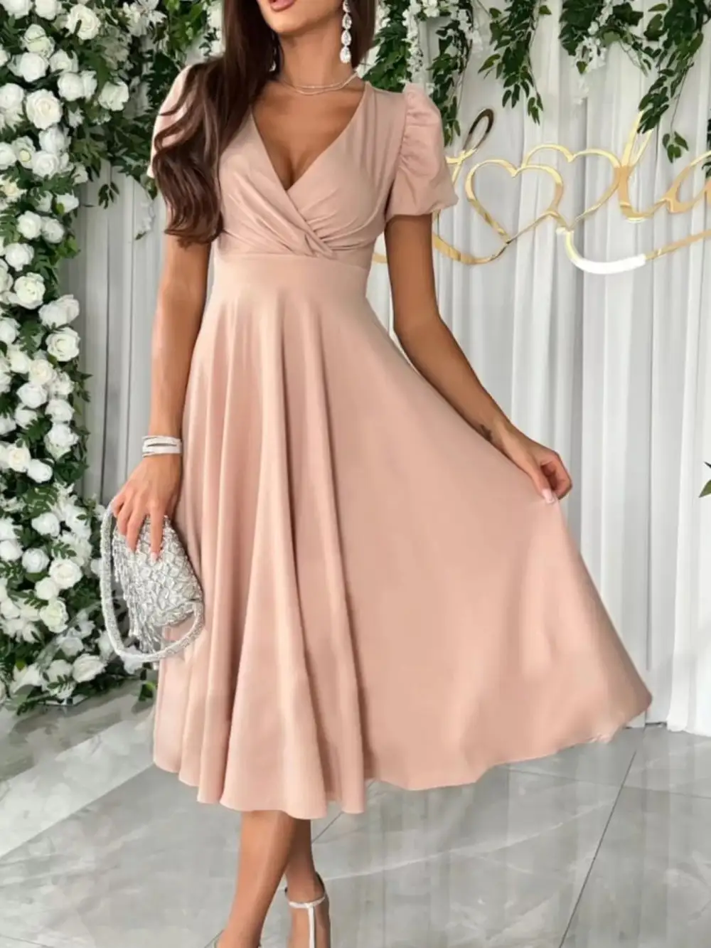 Surplice Puff Sleeve Belted Midi Dress