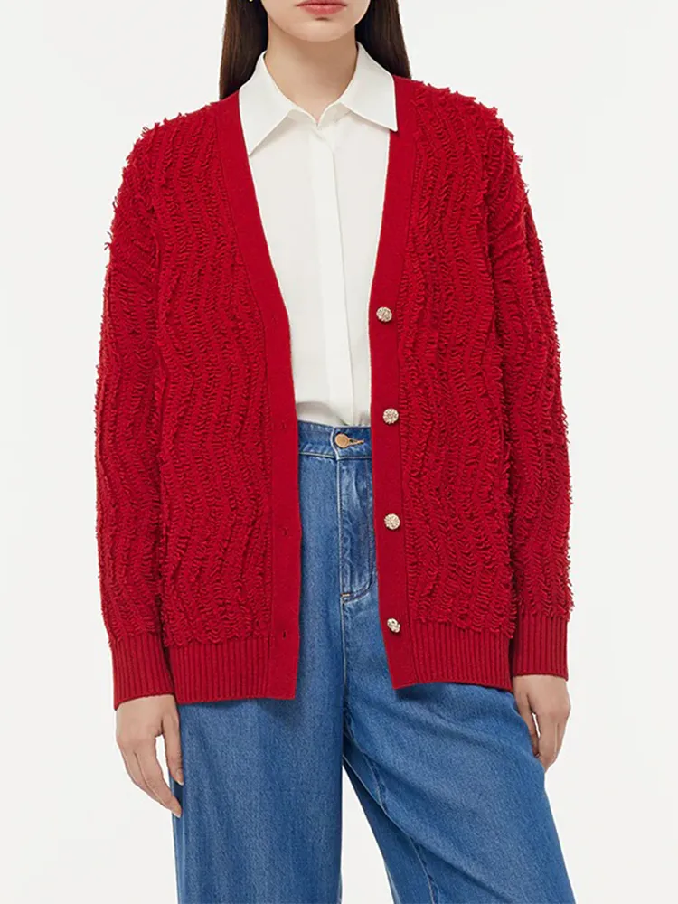 Wool Chili Red Women Cardigan