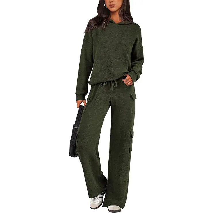 Womens Fall Outfit 2-Piece Knitted Sets Hoodie Tracksuits Wide Leg Pants With Pocket