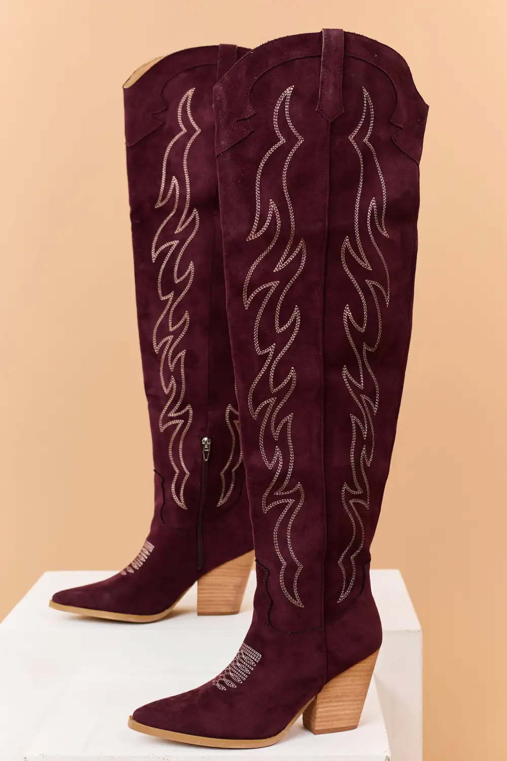 Wine Faux Suede Over Knee Embroidered Western Boots