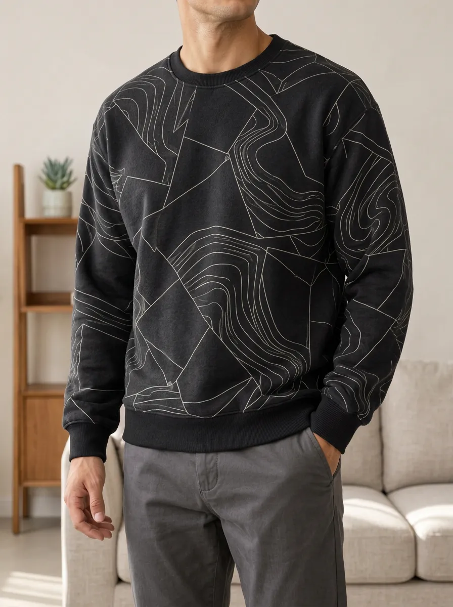 Men's Graphic Print Crewneck Sweatshirt Line Art