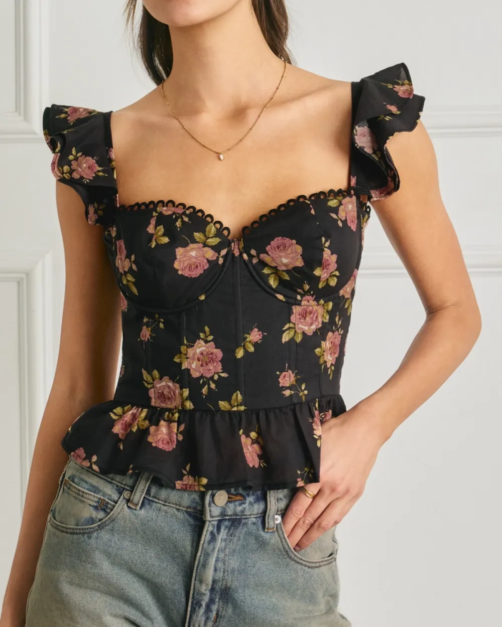 Lace Corset Flutter Top - Night Rosette