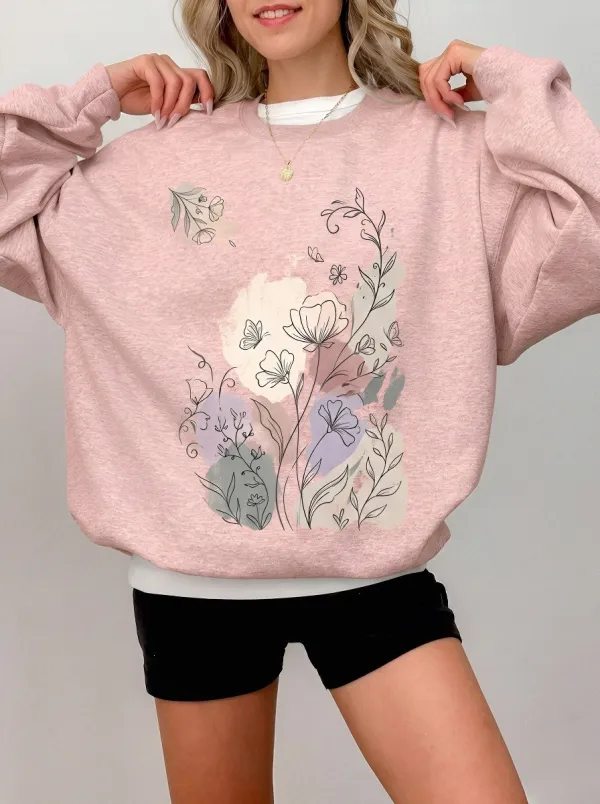 Women's Botanical Nature Lover Floral Butterfly Printed Sweatshirt