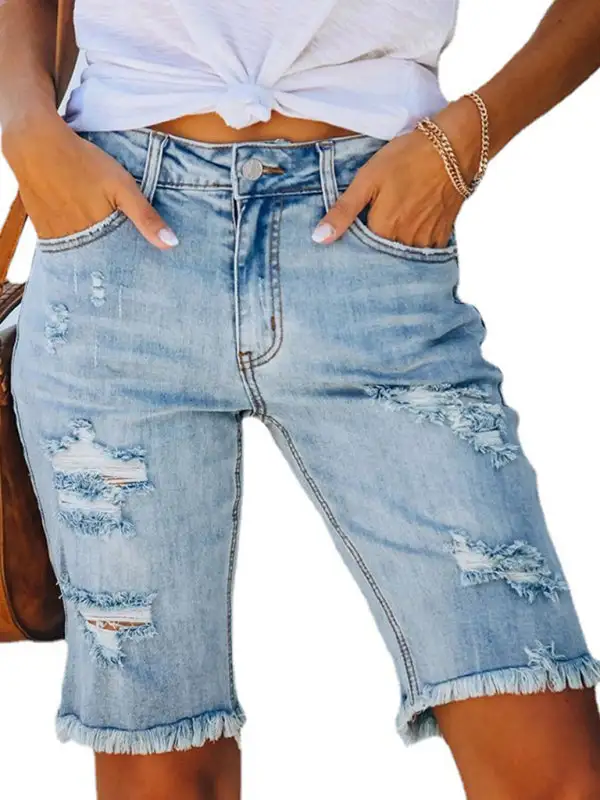Mid Rise Ripped Elastic Waist Denim Jeans