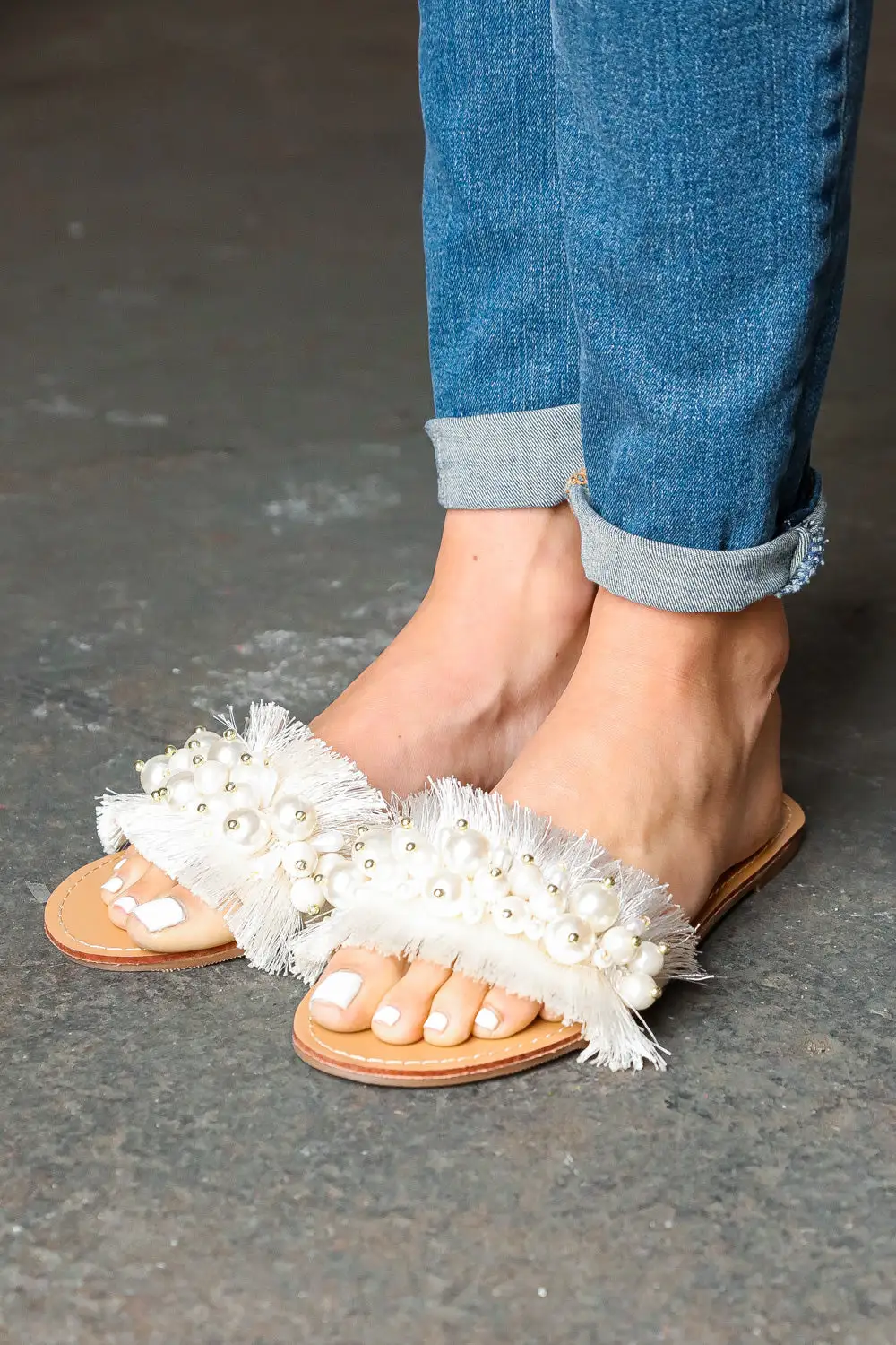 Linen Fray Faux Pearl Slide Sandal