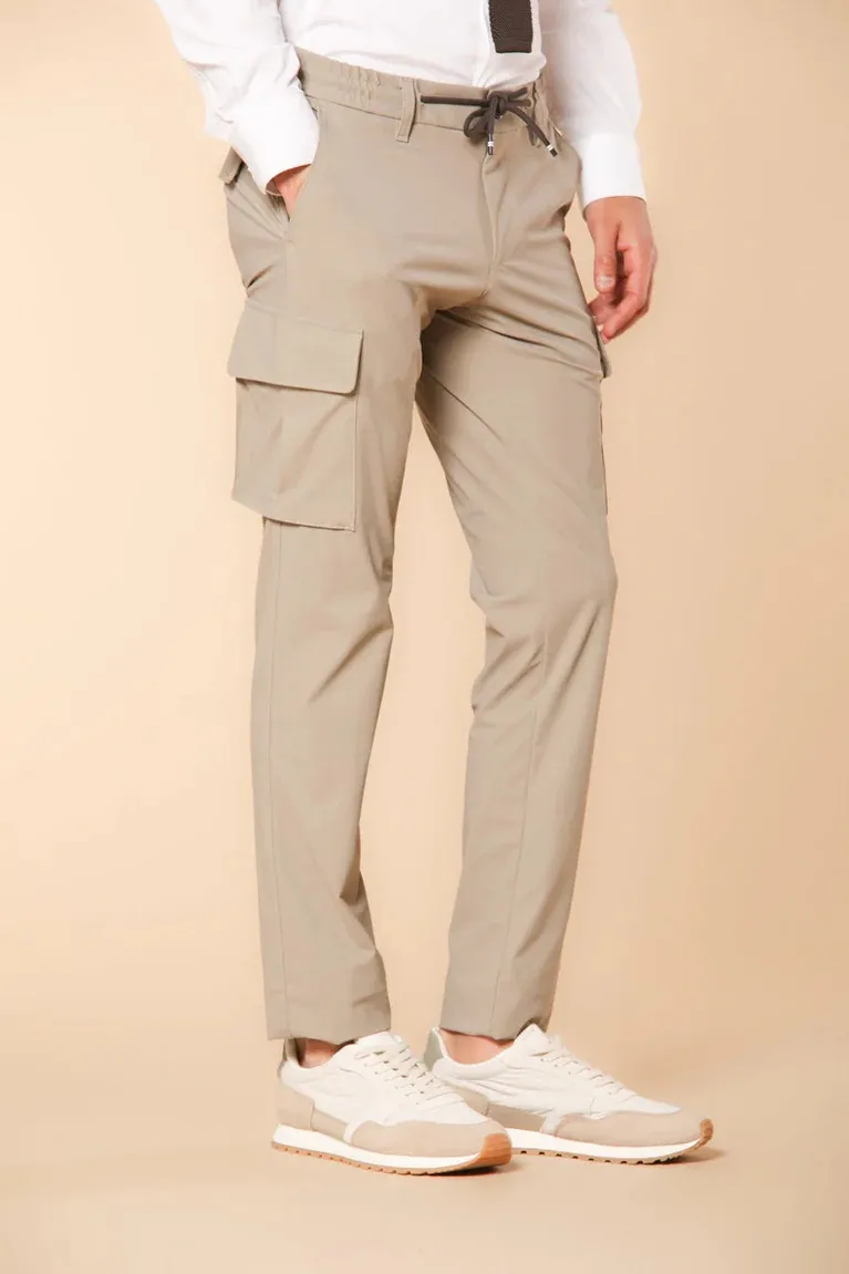 Men's Beige Twill Elastic Waist Slim Fit Cargo Pants