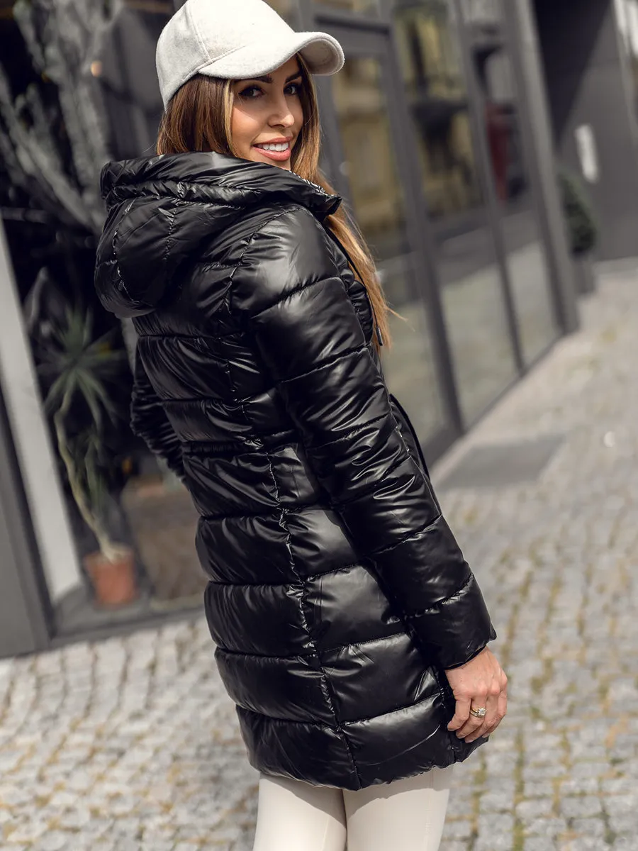 women's black long double-sided quilted winter jacket with hood