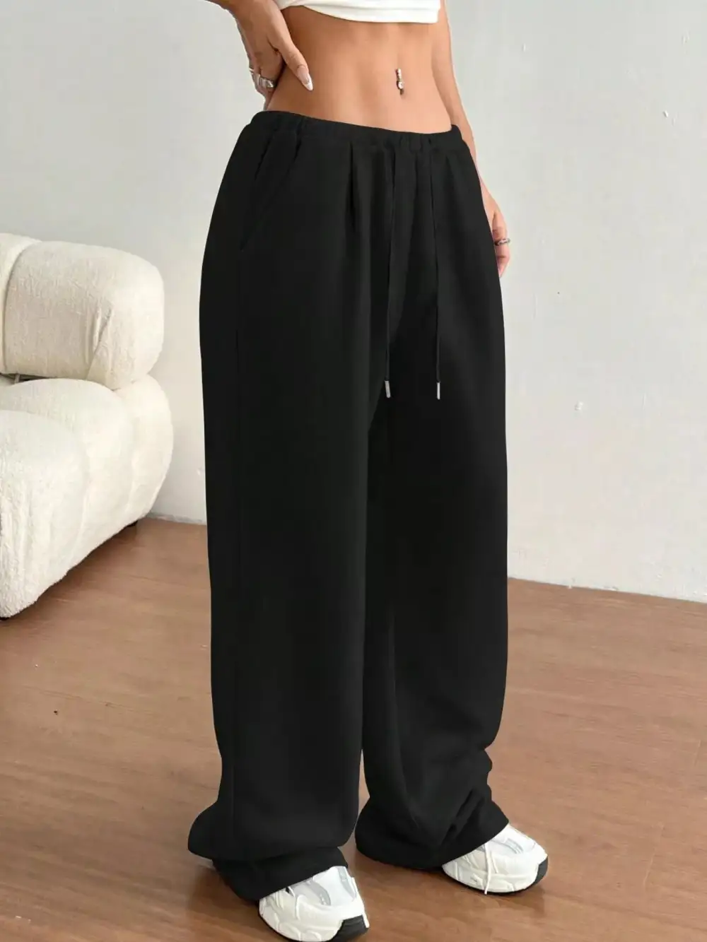 High-Waist Wide-Leg Drawstring Pocketed Sweatpants