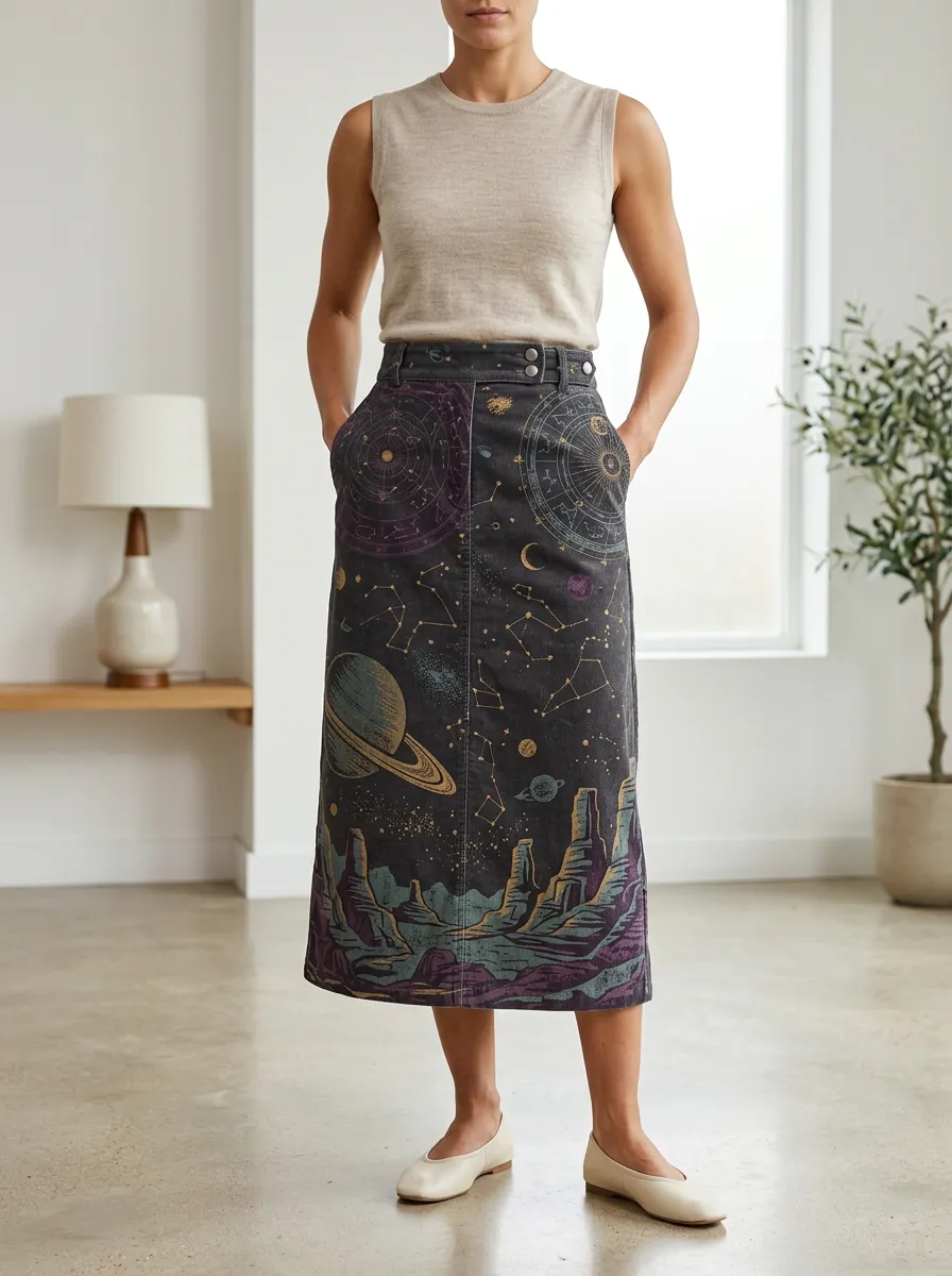 Women's Cosmic Celestial Print Midi Skirt