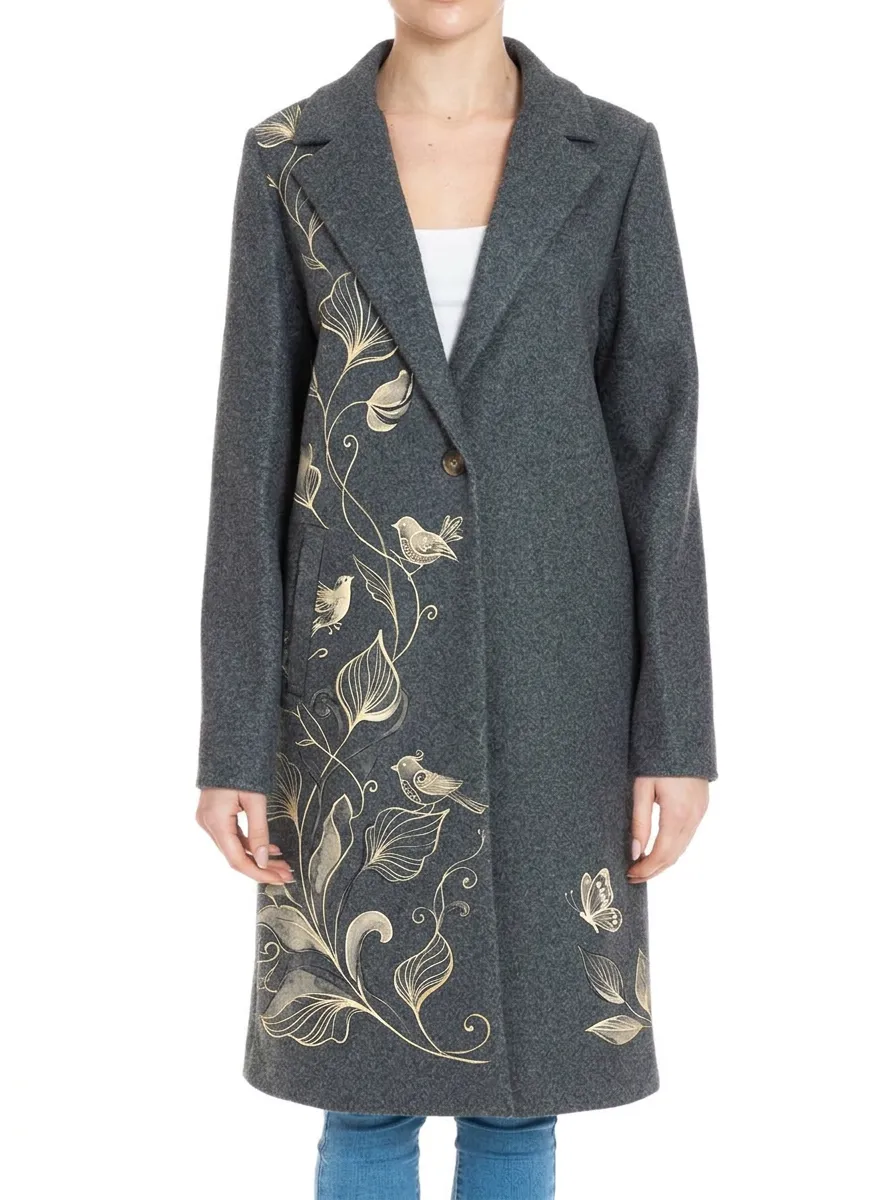 Women's Nature Lover Gold Bird Floral Printed Wool Coat