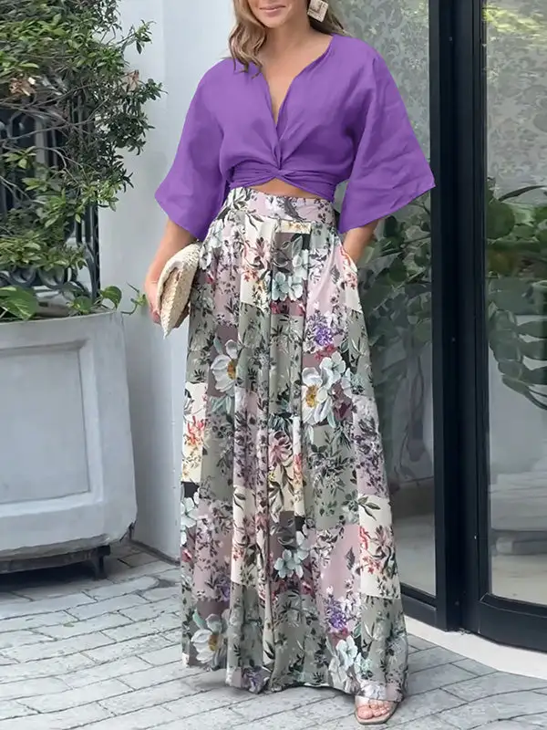 Wide Leg Floral Print Blouse And Pants Set