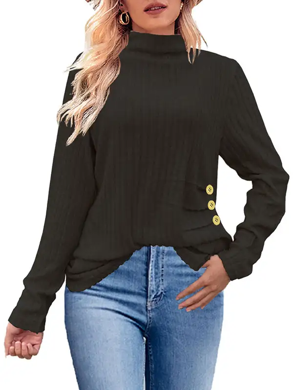 Long Sleeve Relaxed Button Detail Pleat Detail High Neck T-Shirt