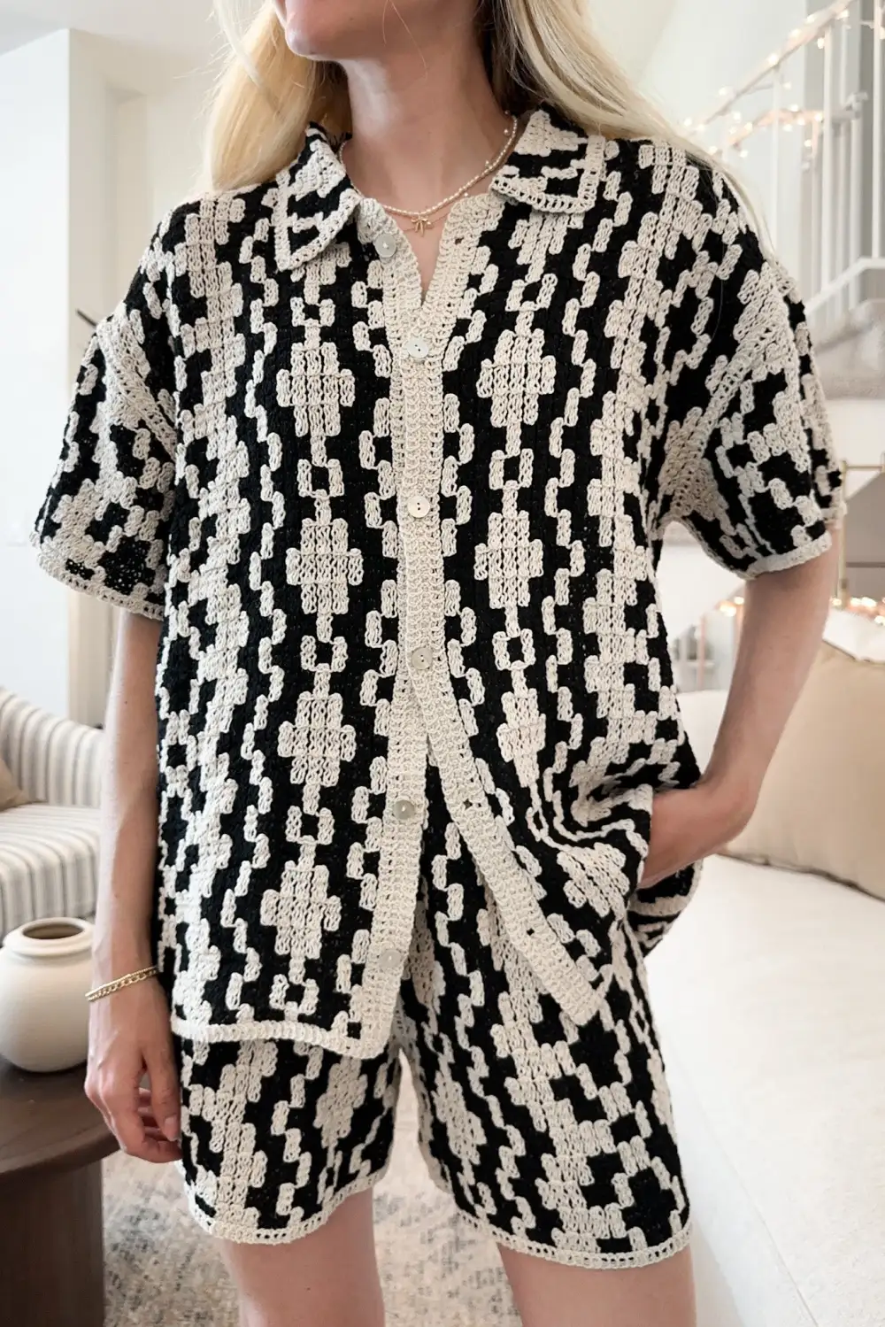 Cotton Crochet Button Front Button Down Shirt