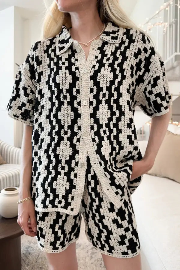 Cotton Crochet Button Front Button Down Shirt