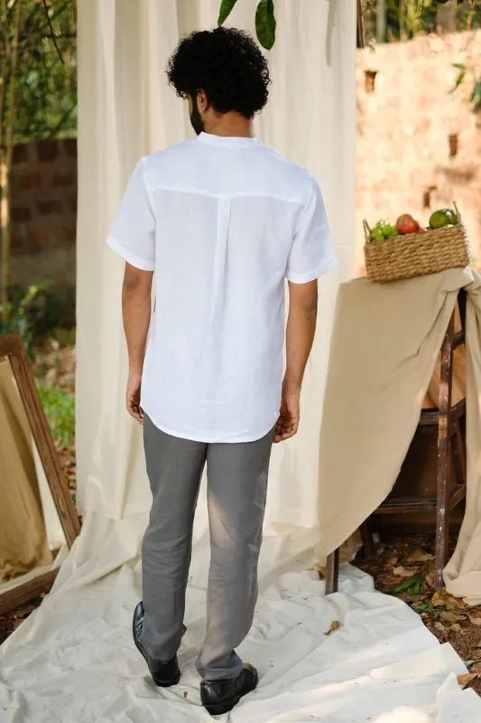 Pearl White Relaxed Linen V-Neck Shirt