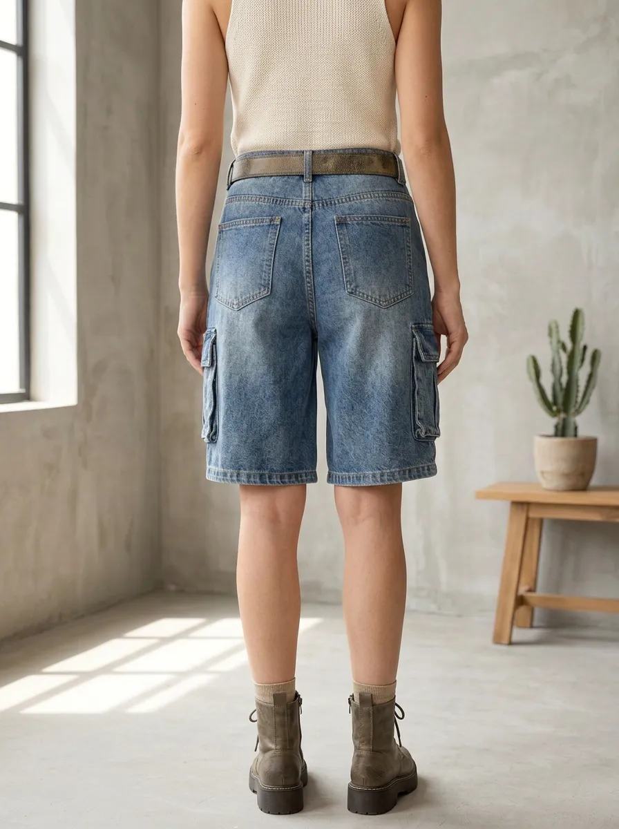 Women's Casual Streetwear Button-Fly Multi-Pocket Denim Cargo Shorts