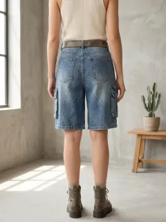 Women's Casual Streetwear Button-Fly Multi-Pocket Denim Cargo Shorts