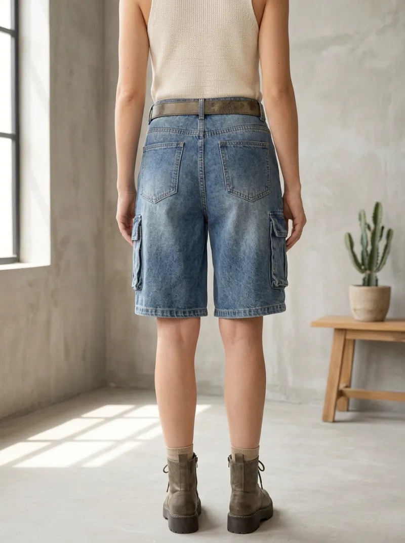 Women's Casual Streetwear Button-Fly Multi-Pocket Denim Cargo Shorts