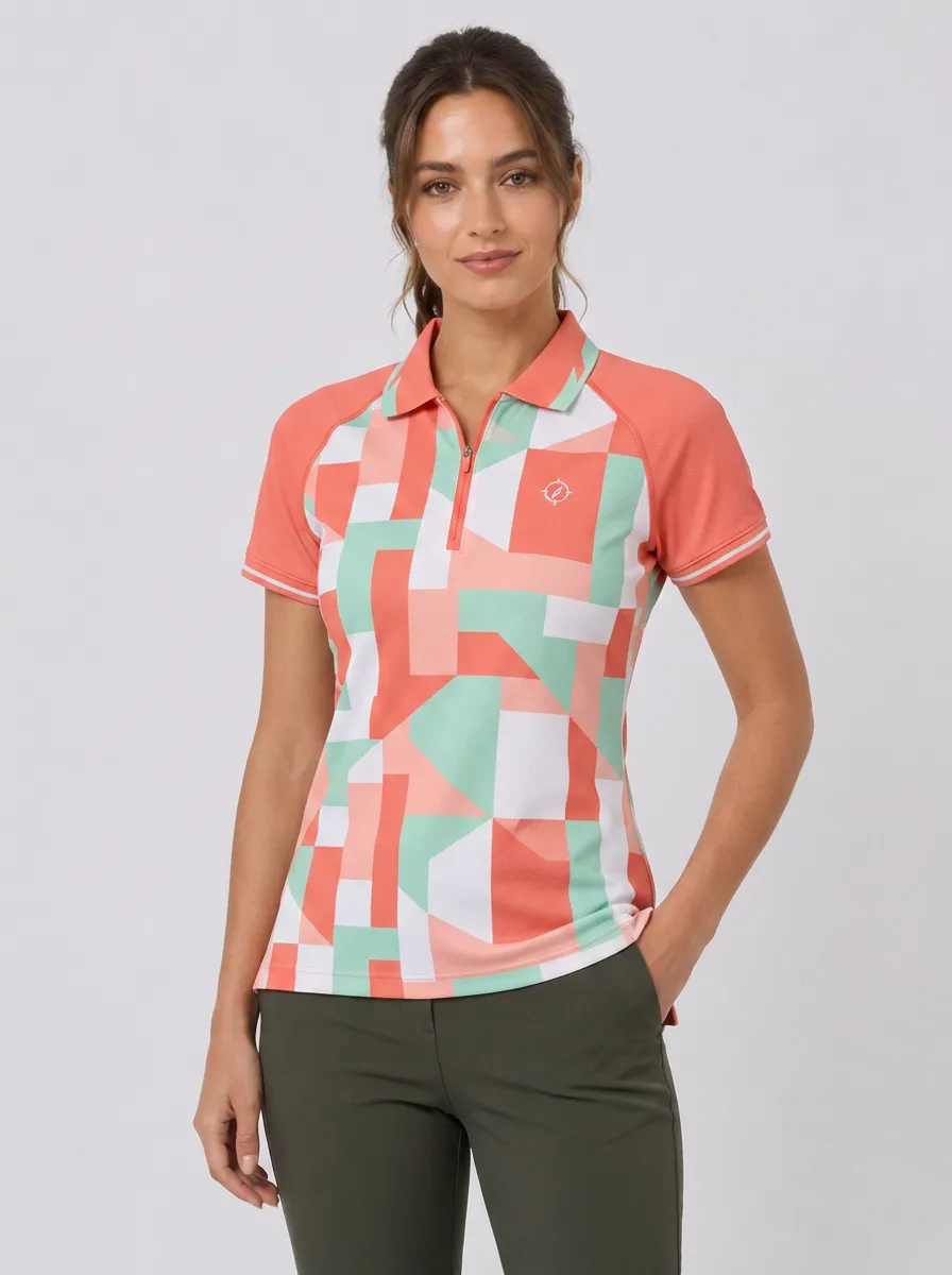 Women's Geometric Pattern Coral Mint Printed Polo Shirt