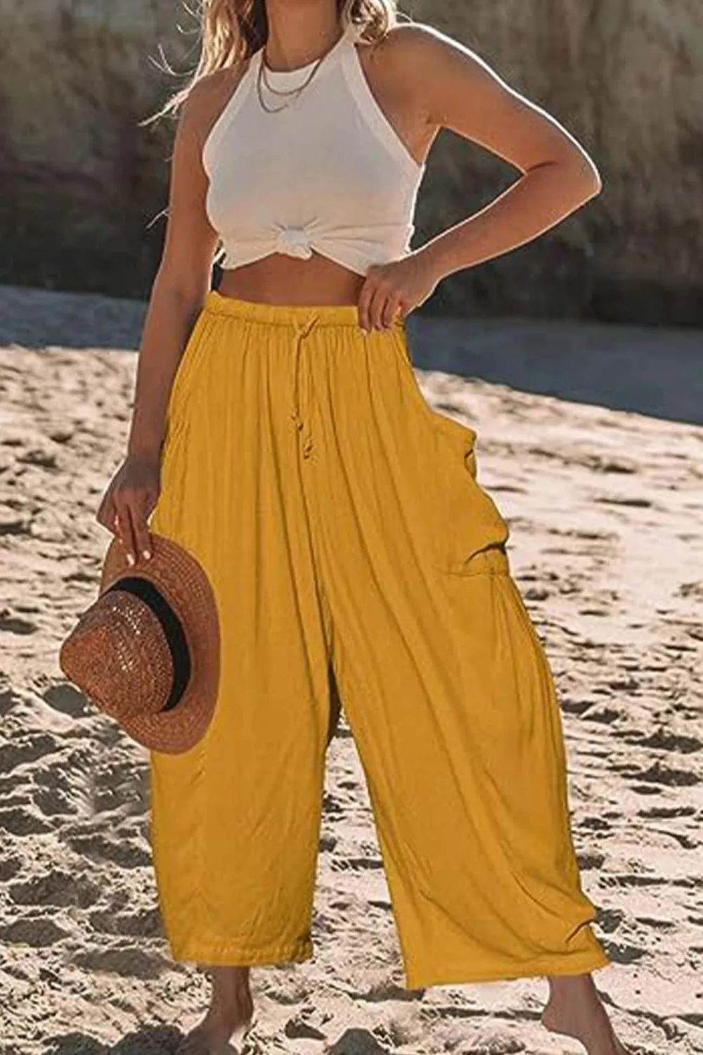 Drawstring Pocket Wide Leg Pants