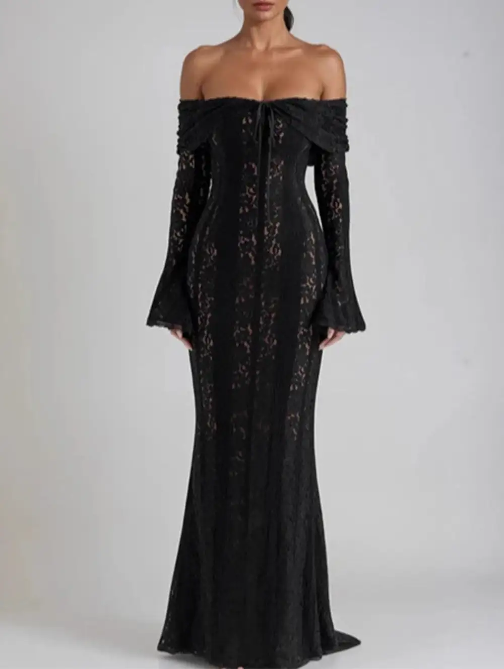 Lace Off Shoulder Bell Sleeve Evening Dress