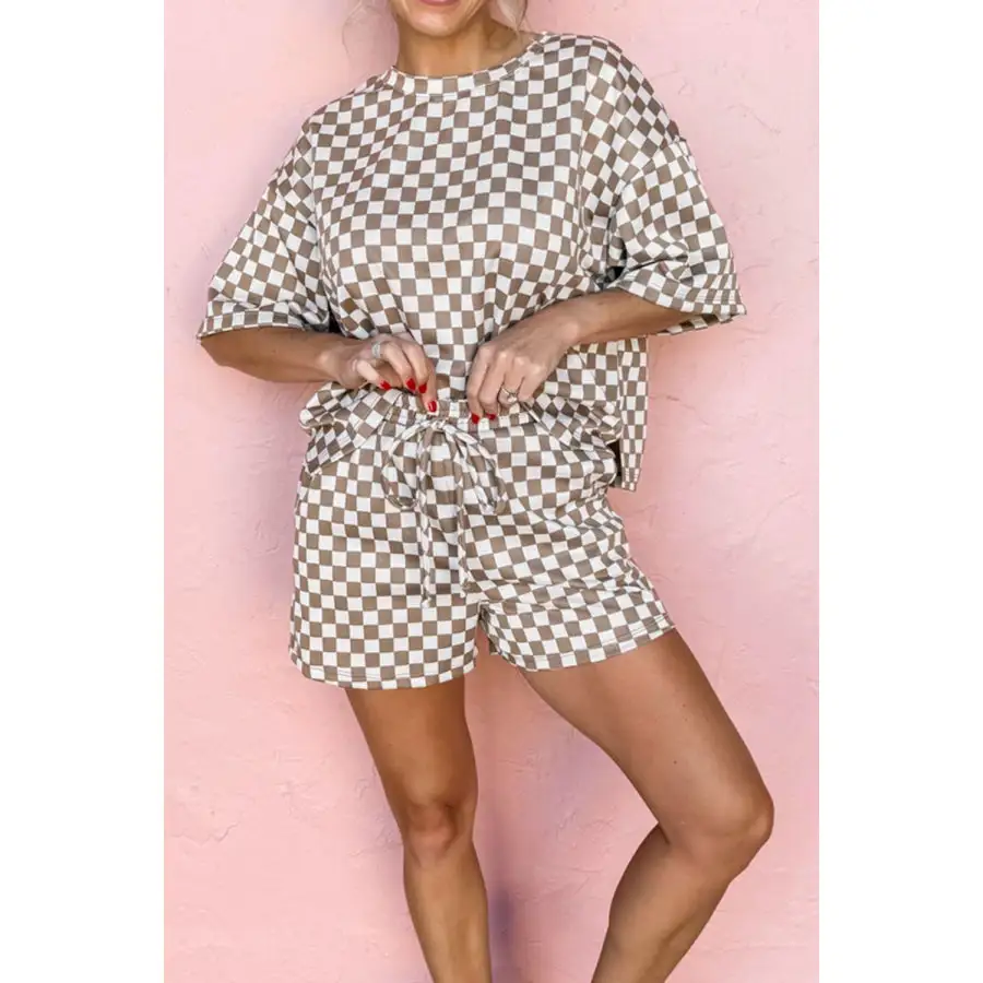 Checkered Round Neck Top and Shorts Set