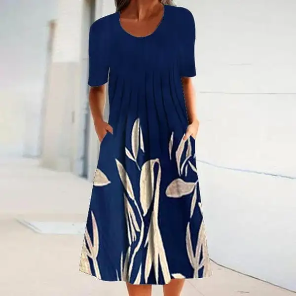 Stunning Short Sleeve Print Navy Midi Dress