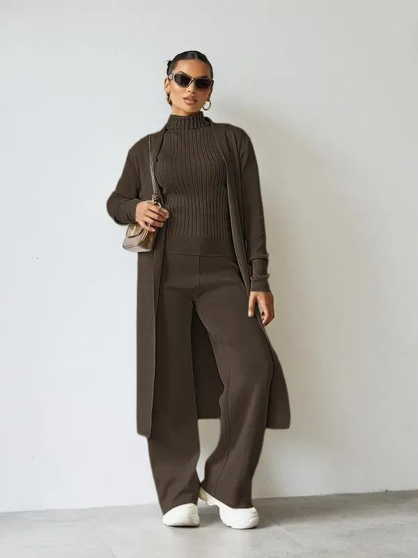 Trendy Knit Turtle Neck Tank & Wide Leg Trousers With Open-Front Long Cardigan Three-Piece Sets