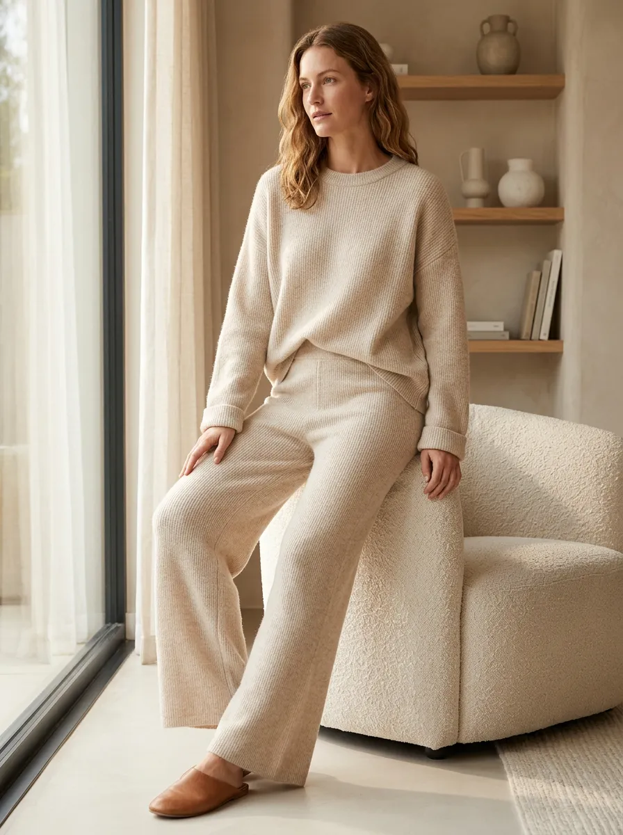Streamlined Ribbed-Knit Long-Sleeve Casual Matching Set